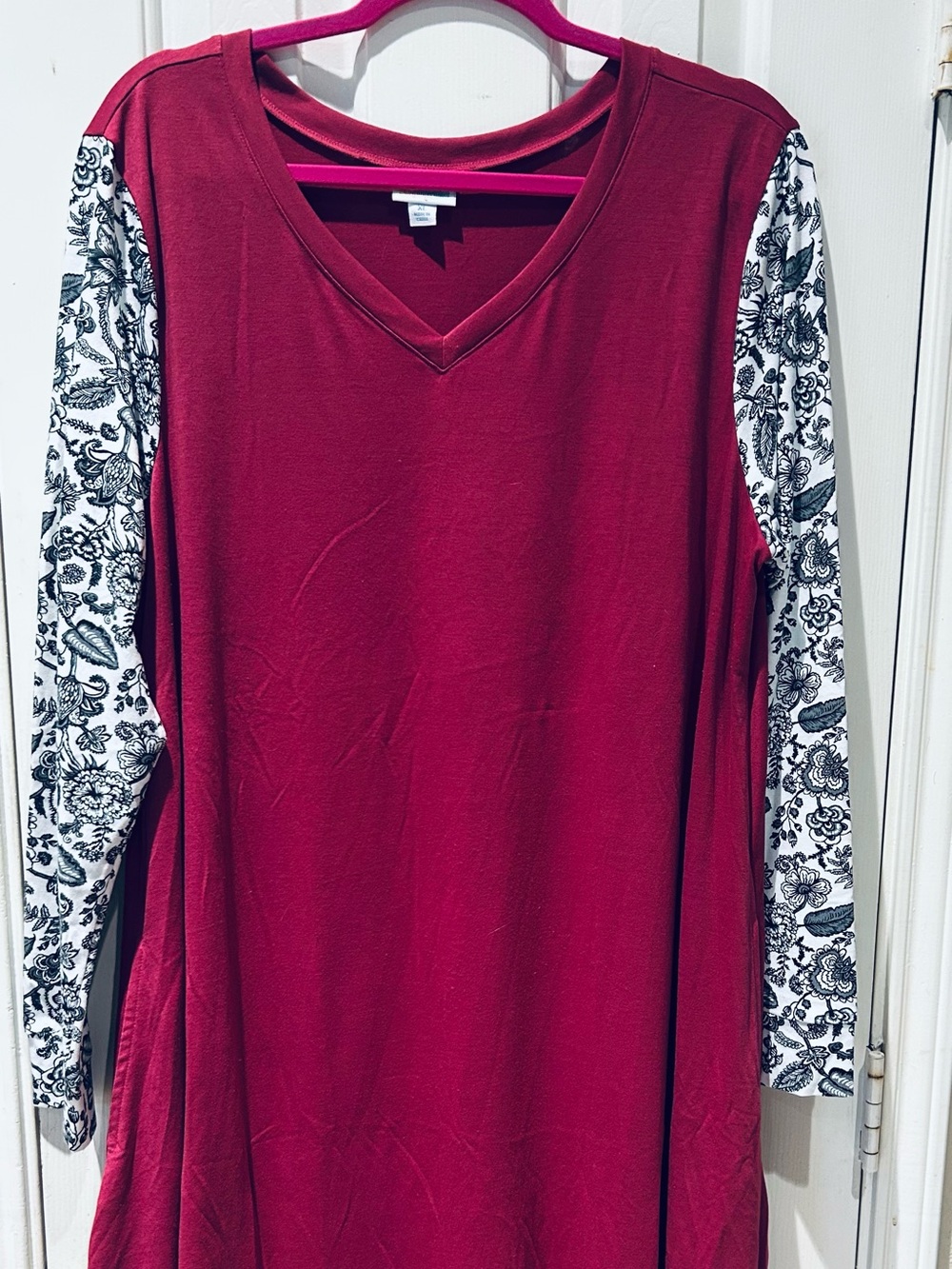 LuLaRoe Burgundy Tunic with Black & White Floral Sleeves